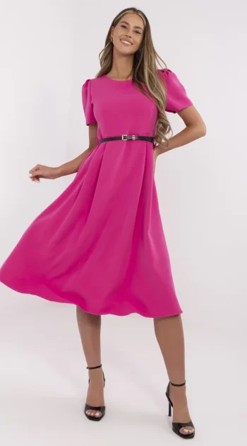 rochie-fucsia-midi-cu-maneci-scurte-si-curea-neagra