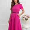rochie-fucsia-midi-cu-maneci-scurte-si-curea-neagra