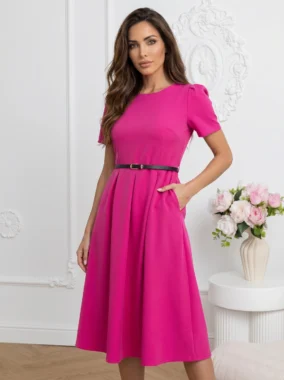 Rochie fucsia midi cu maneci scurte si curea neagra