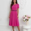 rochie-fucsia-midi-cu-maneci-scurte-si-curea-neagra