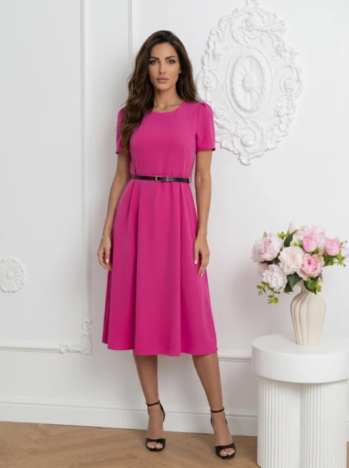 rochie-fucsia-midi-cu-maneci-scurte-si-curea-neagra