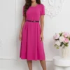rochie-fucsia-midi-cu-maneci-scurte-si-curea-neagra