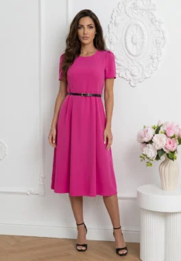 Rochie fucsia midi cu maneci scurte si curea neagra