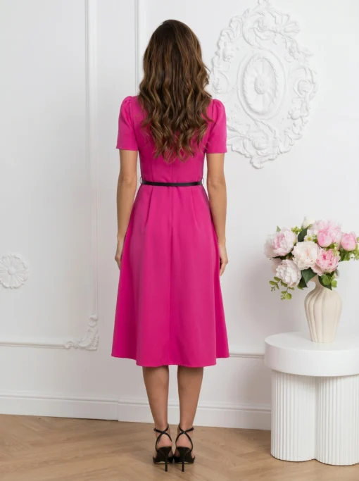 rochie-fucsia-midi-cu-maneci-scurte-si-curea-neagra