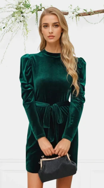 rochie-geta-verde-cu-aspect-catifelat-si-cordon-in-talie
