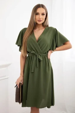 Rochie kaki cu decolteu petrecut si cordon in talie