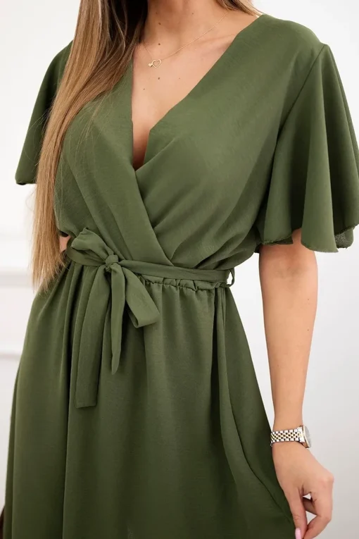 rochie-kaki-cu-decolteu-petrecut-si-cordon-in-talie