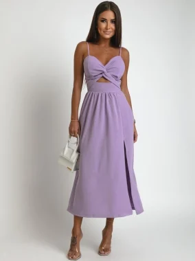Rochie lila eleganta cu bretele subtiri si crapatura laterala