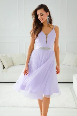 Rochie lila midi din tul si cordon cu aplicatii