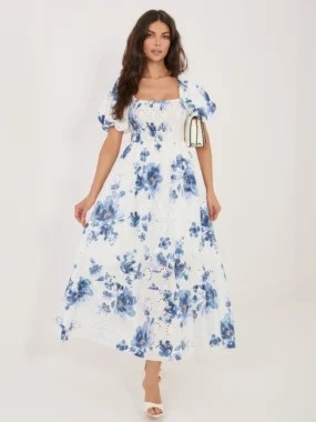 Rochie lunga alba brodata cu imprimeu floral albastru