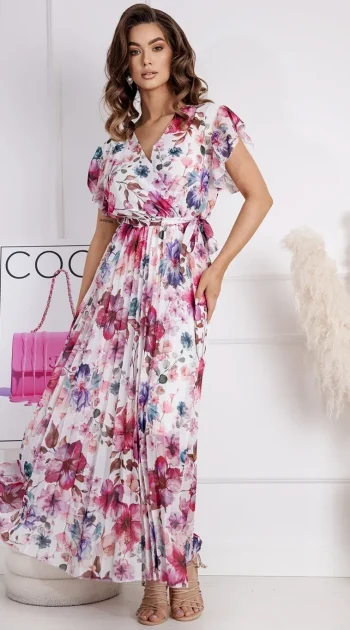 rochie-lunga-alba-cu-imprimeu-floral-colorat-si-cordon-in-talie