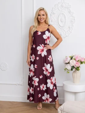Rochie lunga cu imprimeu floral si detalii aurii