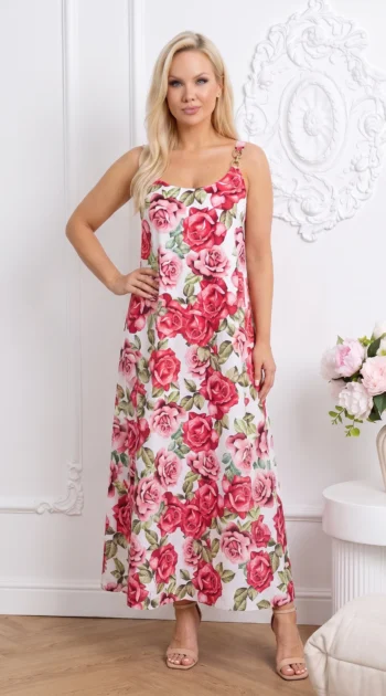 rochie-lunga-alba-cu-imprimeu-floral-si-detaliu-auriu-pe-bretele