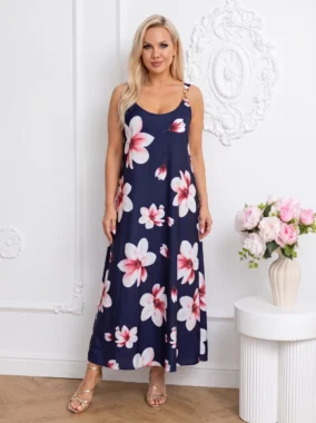 Rochie lunga cu imprimeu floral si detalii aurii