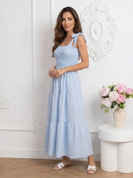 rochie-lunga-bleu-vaporoasa-cu-bust-elastic-incretit-si-bretele-cu-funda