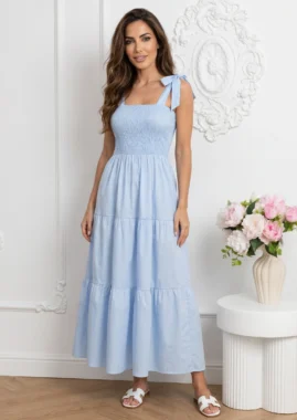 Rochie lunga bleu vaporoasa cu bust elastic incretit si bretele cu funda