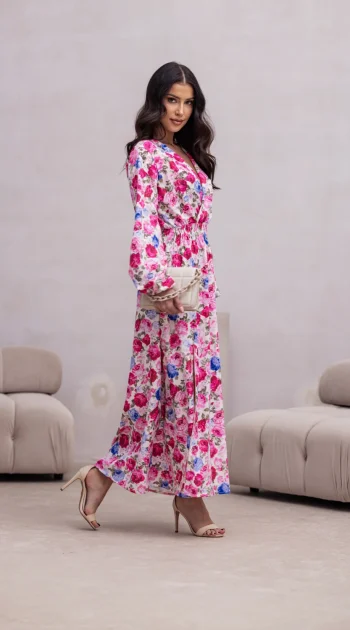 rochie-lunga-cu-imprimeu-floral-roz-albastru-si-elastic-in-talie