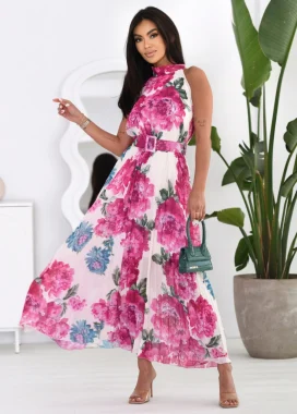 Rochie lunga cu imprimeu floral roz si curea
