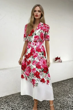 Rochie lunga cu imprimeu floral si curea in talie