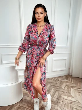 Rochie lunga cu imprimeu floral si nasturi decorativi
