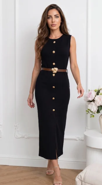 rochie-lunga-cu-nasturi-decorativi-aurii-si-curea