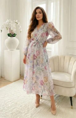Rochie lunga din tencel cu imprimeu floral albastru pastelat