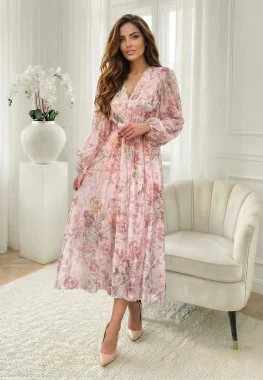 Rochie lunga din tencel cu imprimeu floral roz pastelat