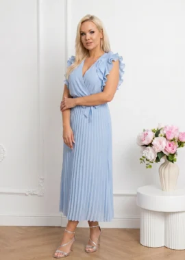 Rochie lunga eleganta bleu cu pliuri si volane