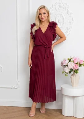 Rochie lunga eleganta cu pliuri si volane bordo