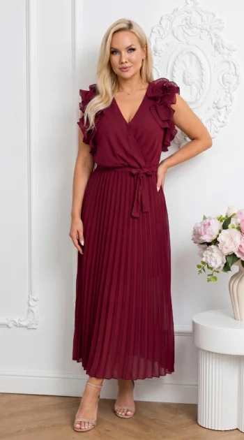 rochie-lunga-eleganta-cu-pliuri-si-volane-bordo