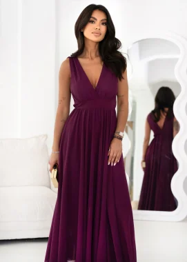 Rochie lunga eleganta mov cu decolteu in V si voal fluid
