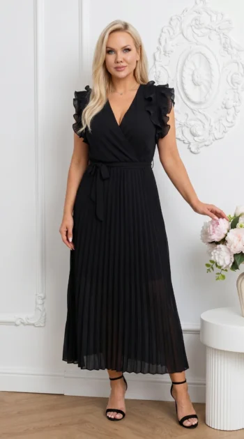 rochie-lunga-eleganta-neagra-cu-pliuri-si-volane