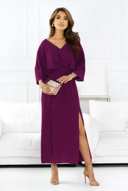 Rochie lunga mov purpuriu cu decolteu in V si croi elegant
