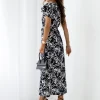 rochie-lunga-neagra-cu-imprimeu-alb-si-cordon-in-talie
