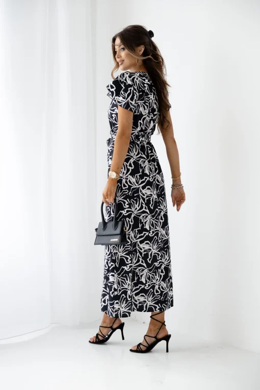 rochie-lunga-neagra-cu-imprimeu-alb-si-cordon-in-talie