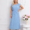 rochie-lunga-plisata-bleu-cu-cordon-in-talie