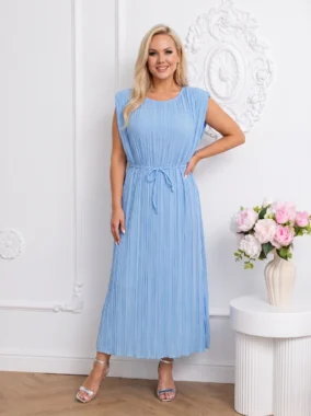 Rochie lungă plisată bleu cu cordon în talie
