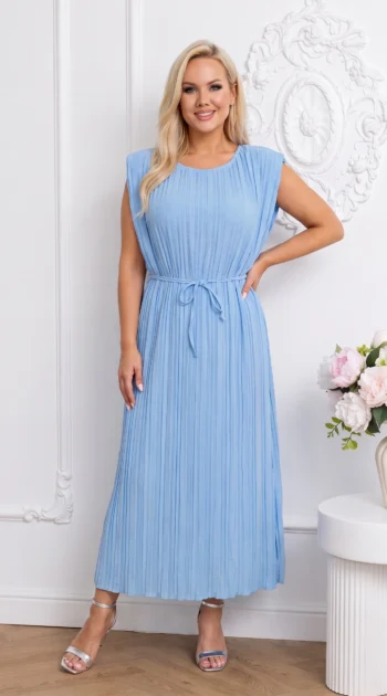 rochie-lunga-plisata-bleu-cu-cordon-in-talie