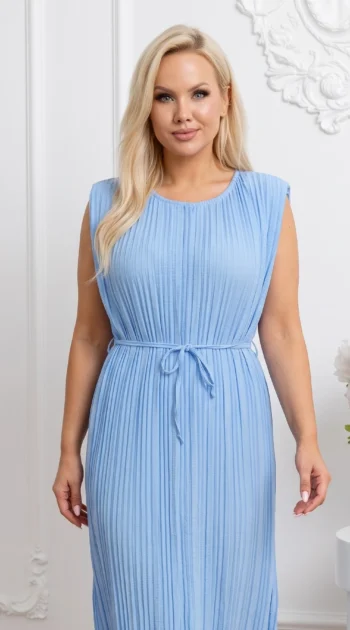 rochie-lunga-plisata-bleu-cu-cordon-in-talie