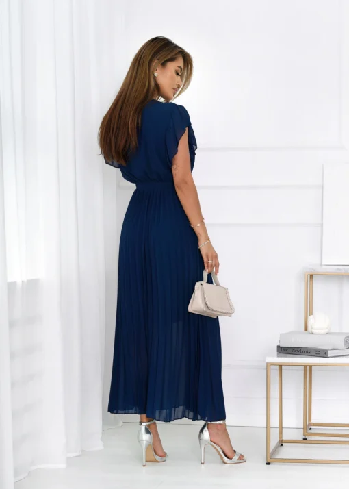 rochie-lunga-plisata-bleumarin-cu-decolteu-petrecut