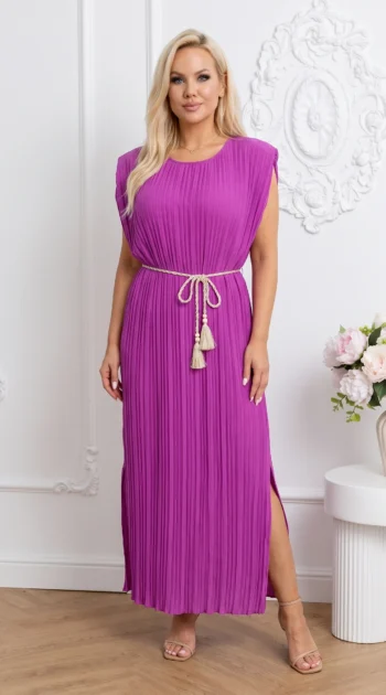 rochie-lunga-plisata-cu-cordon-impletit-si-crapatura-laterala