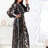 rochie-lunga-plisata-eleganta-neagra-cu-imprimeu-floral-si-cordon-in-talie
