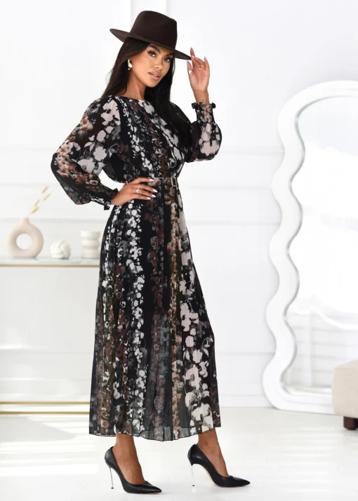 rochie-lunga-plisata-eleganta-neagra-cu-imprimeu-floral-si-cordon-in-talie
