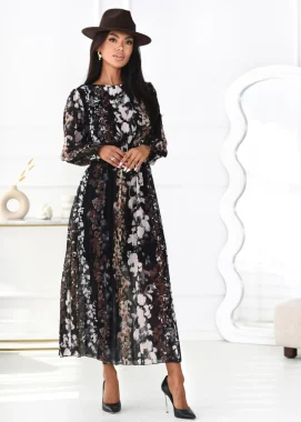 Rochie lunga plisata eleganta neagra cu imprimeu floral