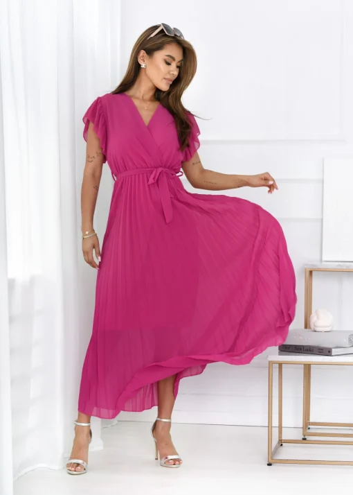 rochie-lunga-plisata-fucsia-cu-decolteu-petrecut