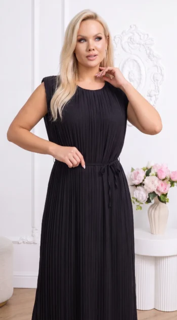 rochie-lunga-plisata-neagra-cu-cordon-in-talie