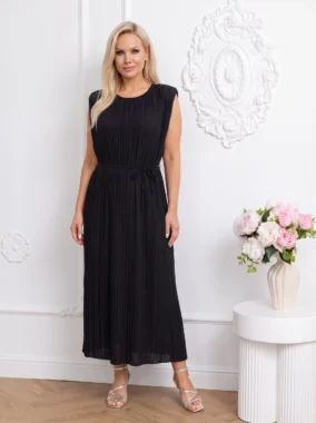 Rochie lungă plisată neagra cu cordon în talie