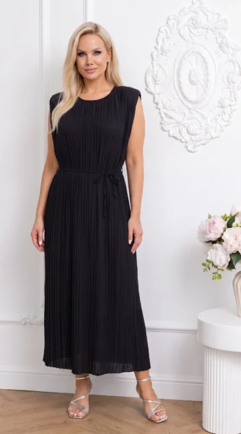 rochie-lunga-plisata-neagra-cu-cordon-in-talie