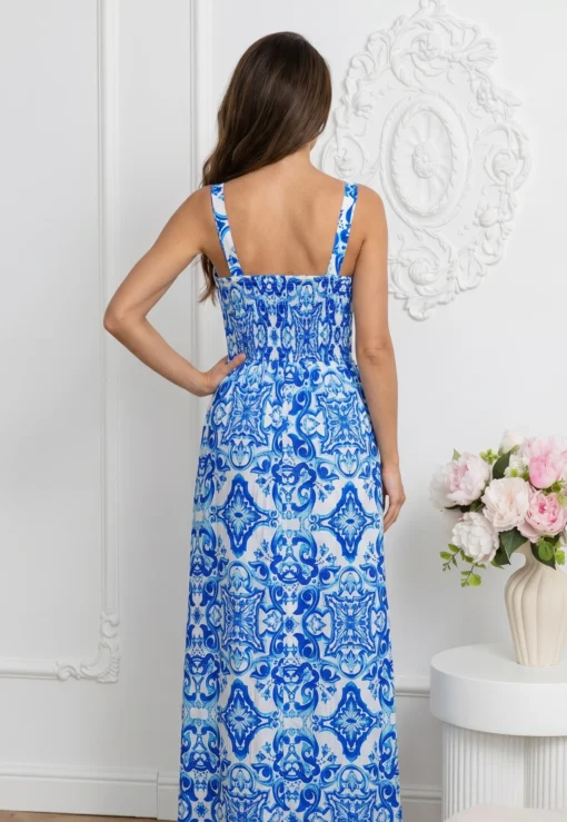 rochie-lunga-vaporoasa-cu-imprimeu-alb-albastru-si-bretele-late