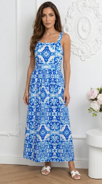 rochie-lunga-vaporoasa-cu-imprimeu-alb-albastru-si-bretele-late